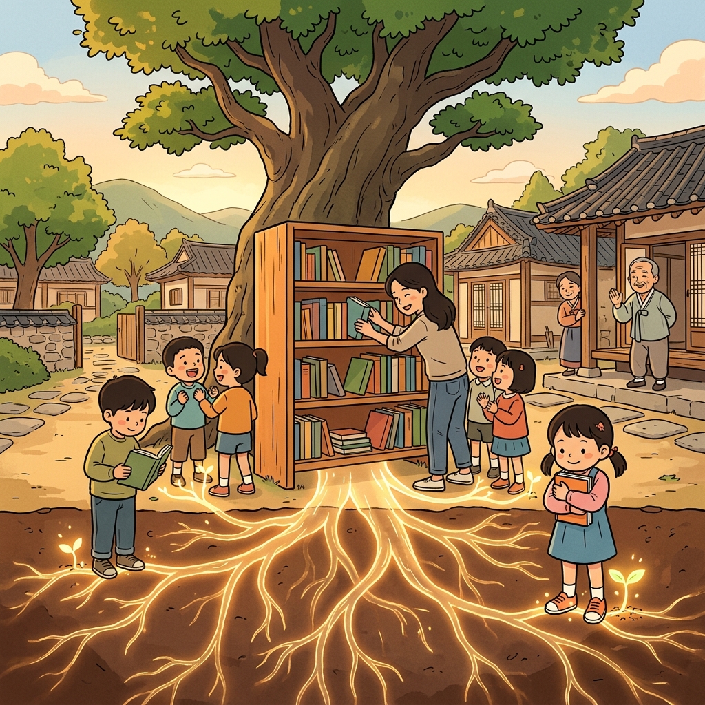 선생님이 작은 도서관을 열자 마을에 배움의 뿌리가 내리기 시작했다.