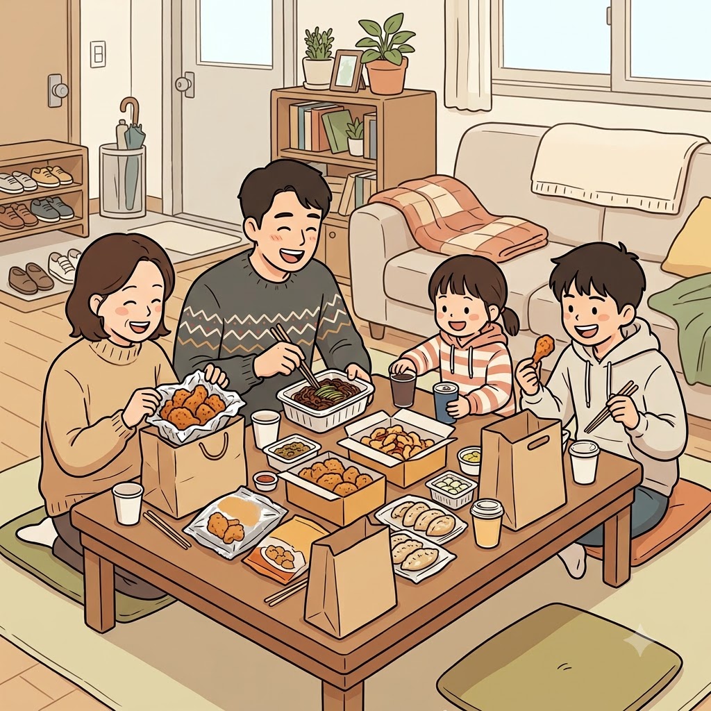 그들은 포장 음식(takeout)을 주문해 집에서 함께 저녁을 먹었다.