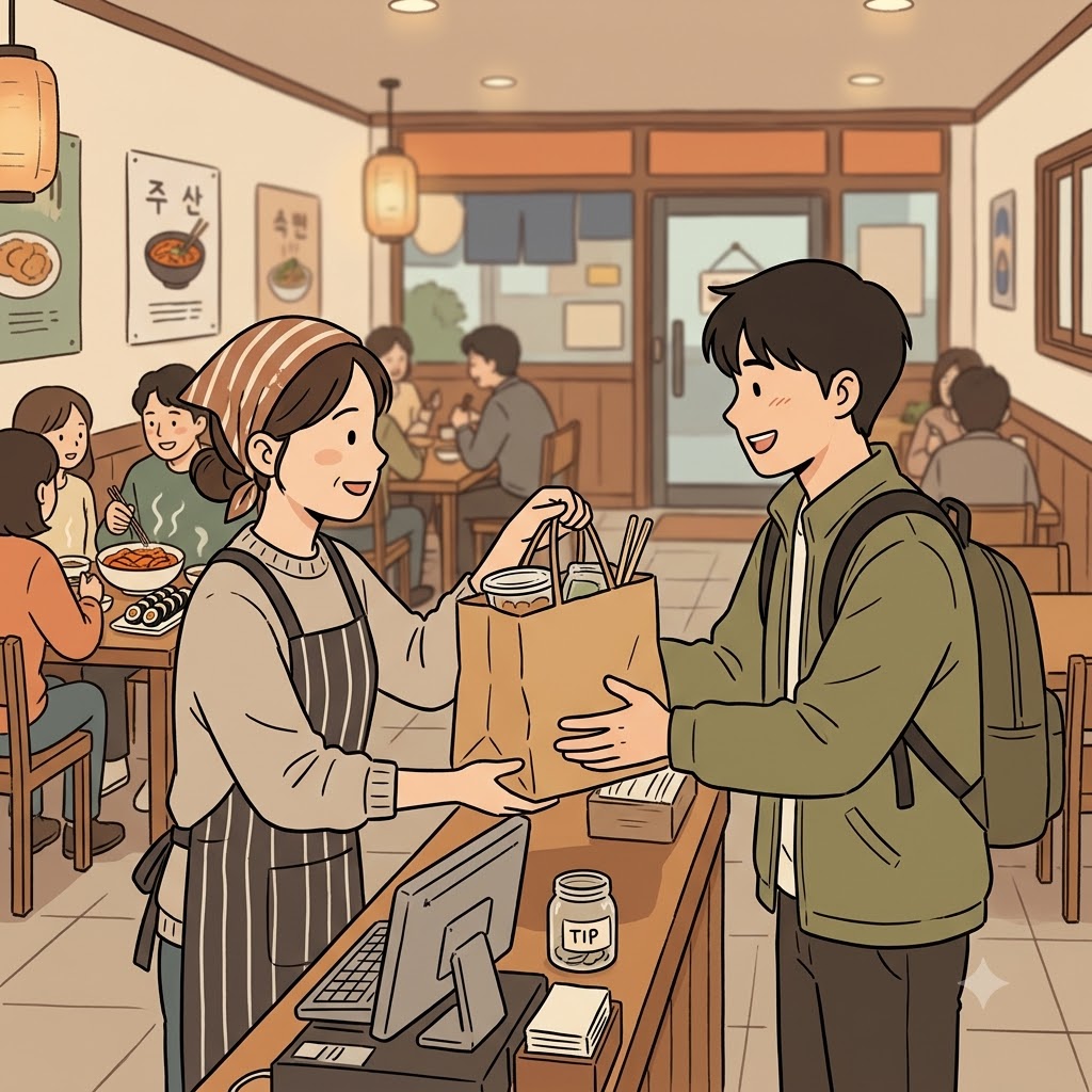 계산원이 "테이크 잇 아웃!"이라고 말하자 손님은 포장 음식이 든 봉투를 들고 식당 밖으로 나갔다. (takeout → "Take it out!" → 음식을 식당 밖으로 가져간다)