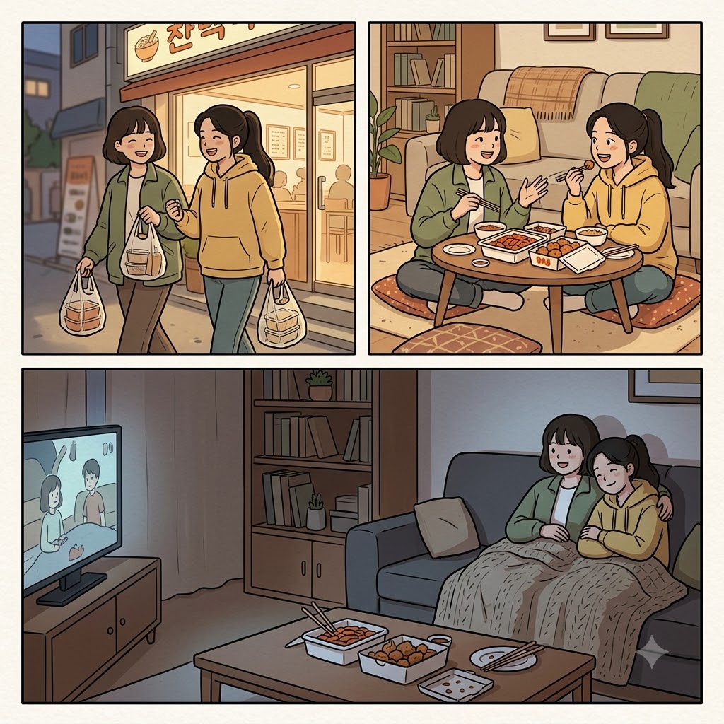 그들은 포장 음식(takeout)을 사 와 집에서 함께 놀며(hang out) 저녁 내내 편안하게 쉬었다(chill out).