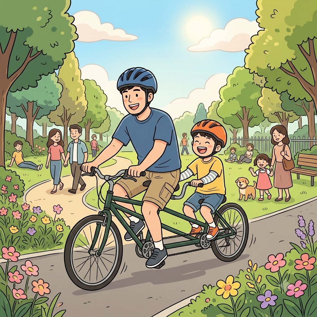 아버지와 아들은 2인용 자전거(tandem bicycle)를 함께 타고 공원을 달렸다.