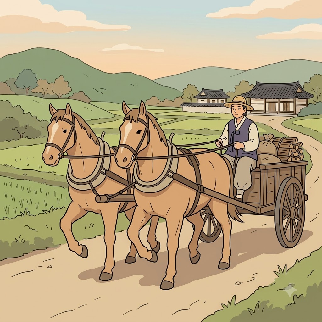 두 마리 말은 마차를 나란히(tandem) 끌었다.