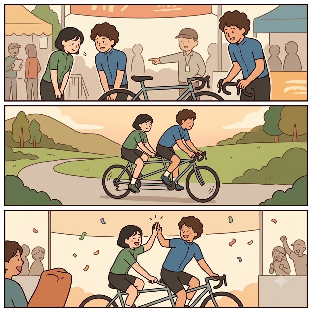 우연한(random) 만남으로 시작했지만, 두 사람은 함께(tandem) 완벽한 팀워크를 이루었다.