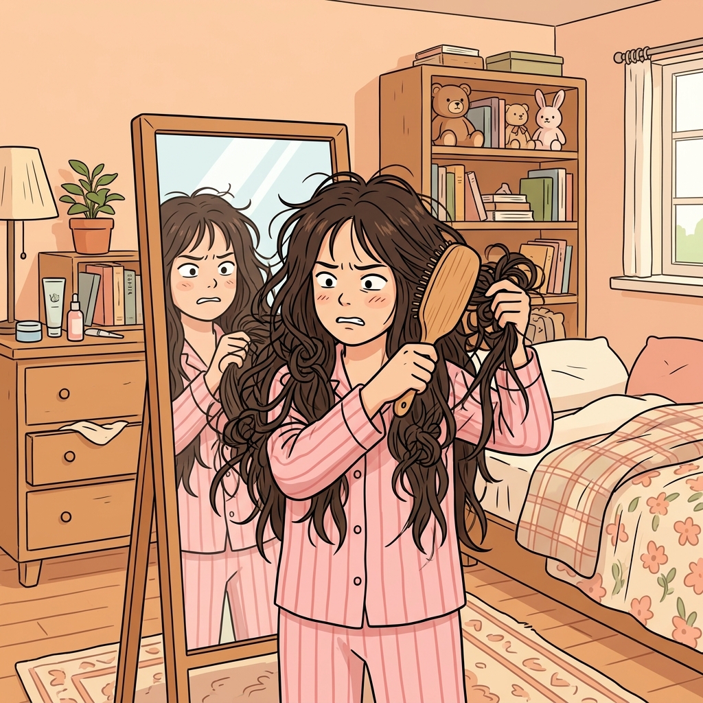 그녀는 엉킨 머리카락 때문에 빗질을 할 수 없었다. ("탱글탱글?" → 머리카락이 탱글(?)하게 심하게 엉켜 있다)