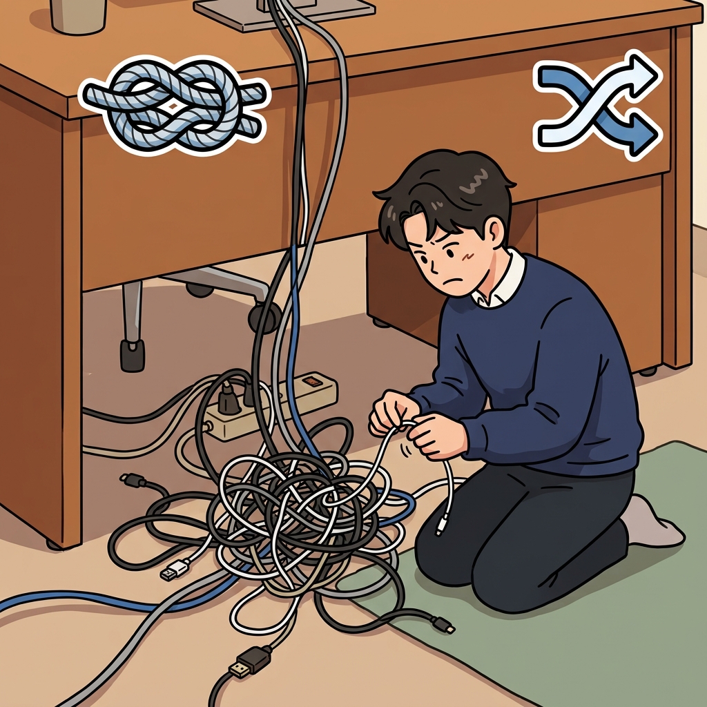 책상 아래 케이블들이 심하게 엉켜 있었다.