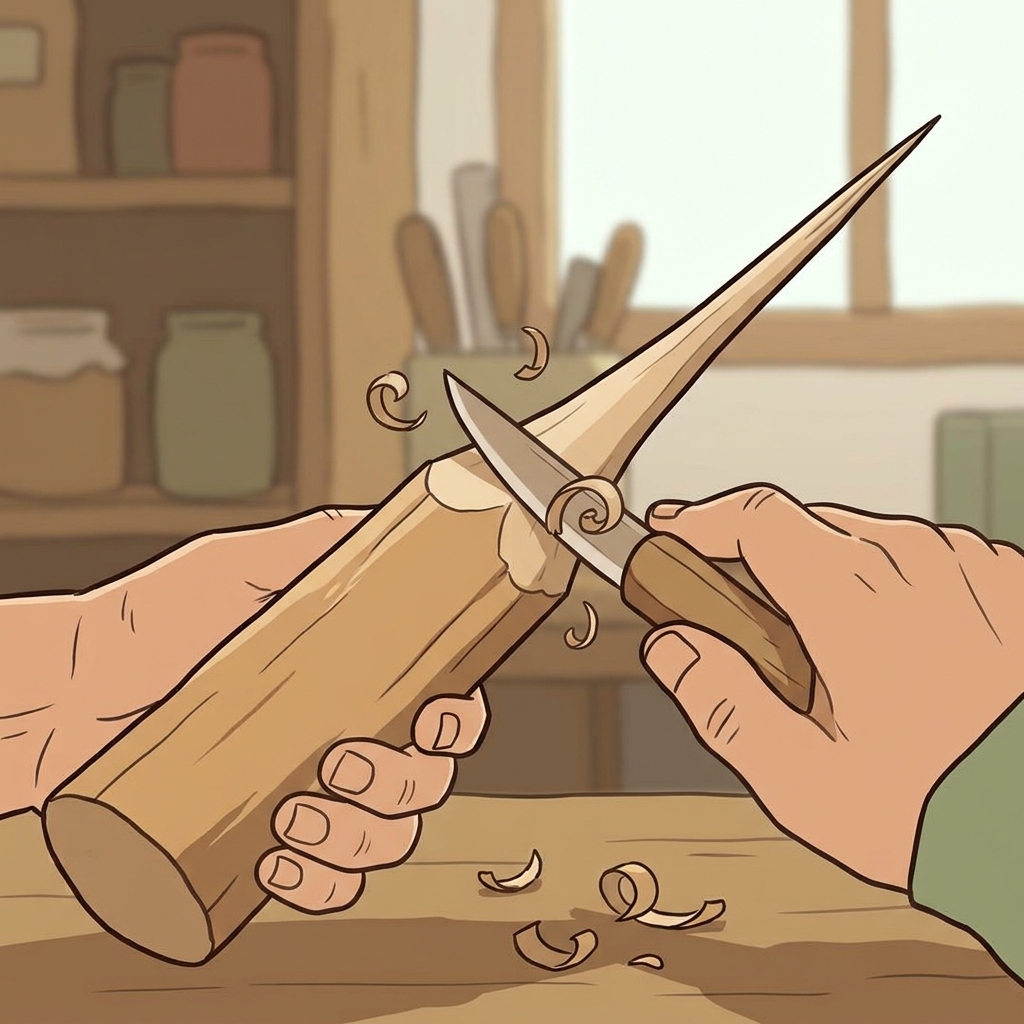 The sculptor tapered the thick wood into a sharp spear.