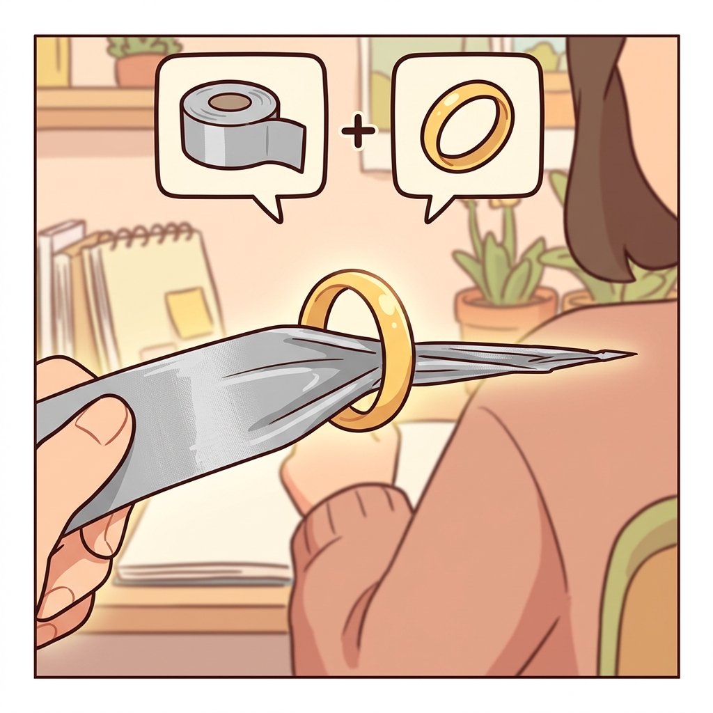 Pulling the wide tape through the tiny ring made it taper into a sharp point. (taper → tape + ring)