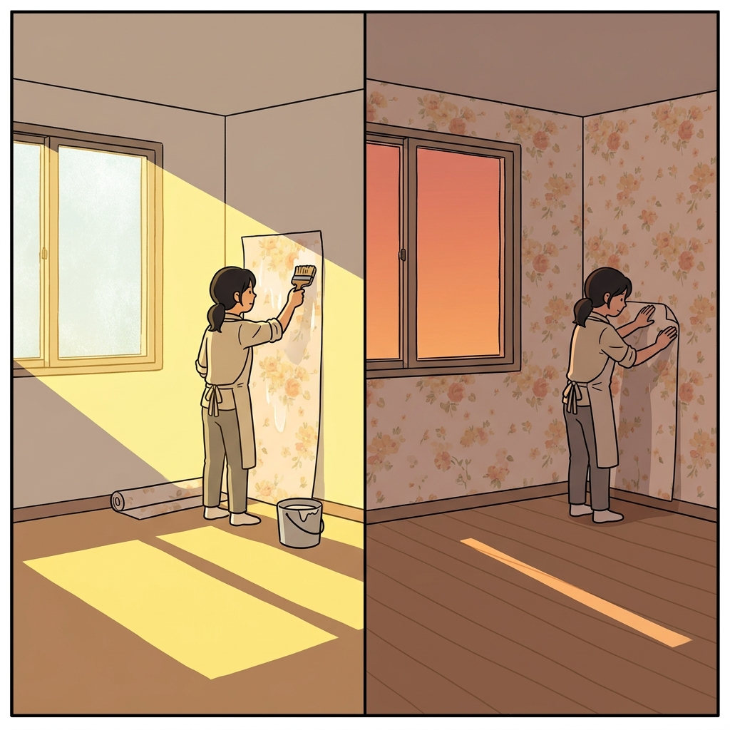 After hanging the paper, the beam of sunlight began to taper into a thin line.