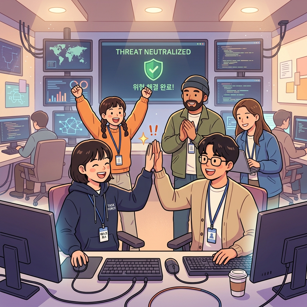 전담반은 사이버 공격을 신속하게 해결했다. ("태스크 포스!" → 특별한 '태스크(임무)'를 맡은 힘(force) 있는 팀)