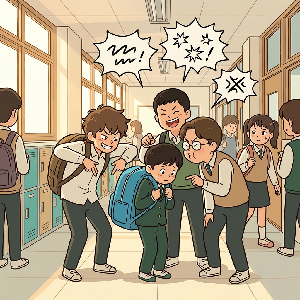 The bullies taunt the new kid about his oversized backpack.