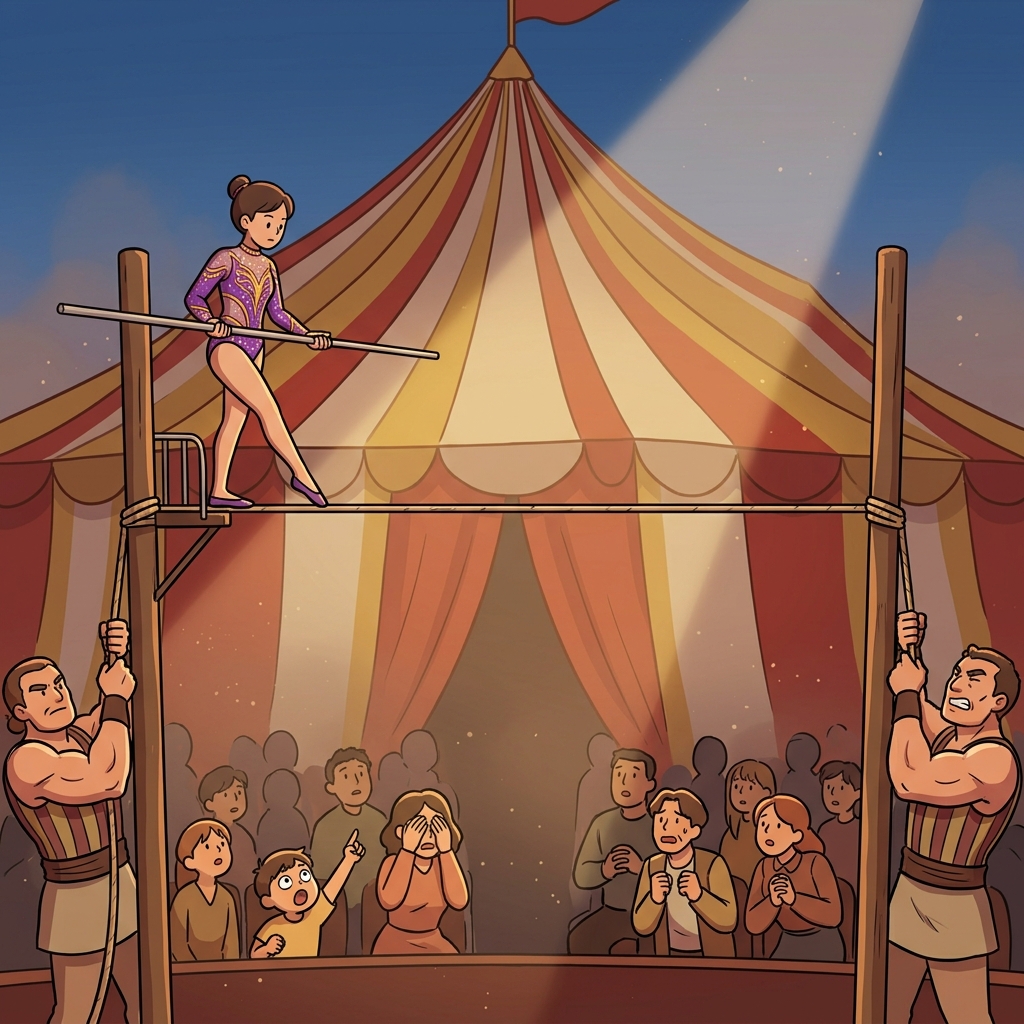 The tightrope walker steps onto the taut rope high above the circus crowd.
