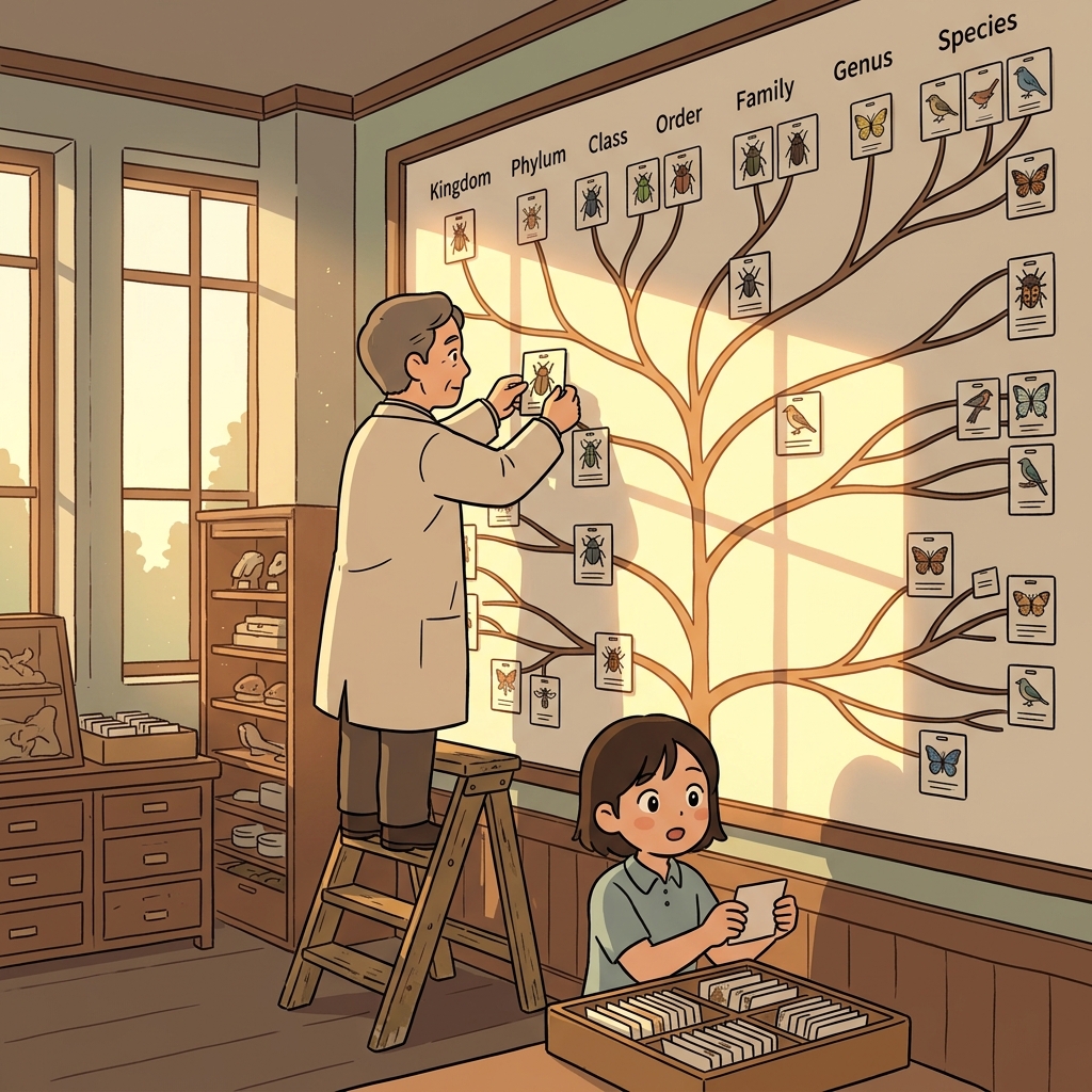 The biologist organizes every specimen by its taxonomy on the museum wall.