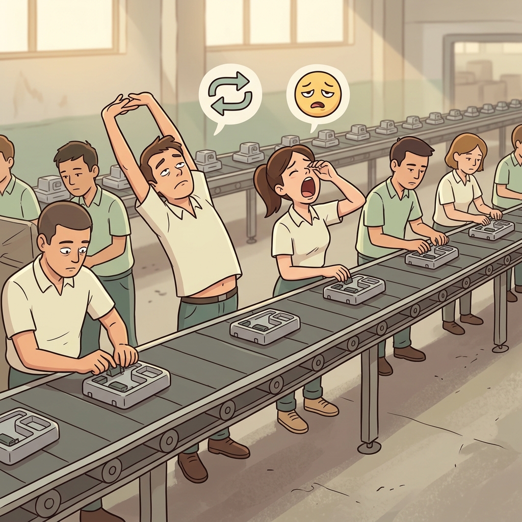 The tedious task made everyone yawn before it was finally finished. (🔁 Repeat + 🥱 Bored → Tedious)