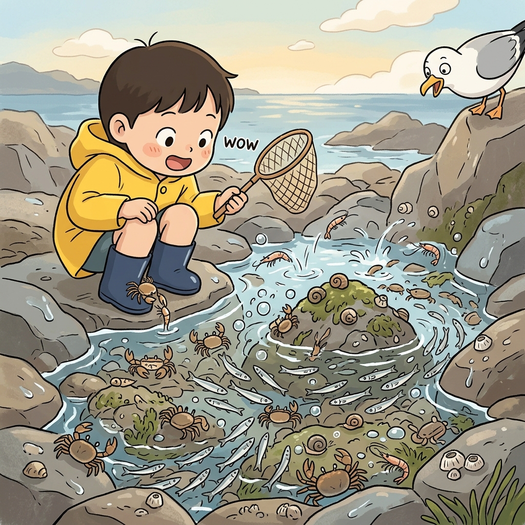The tide pool teems with tiny crabs, snails, and darting fish.