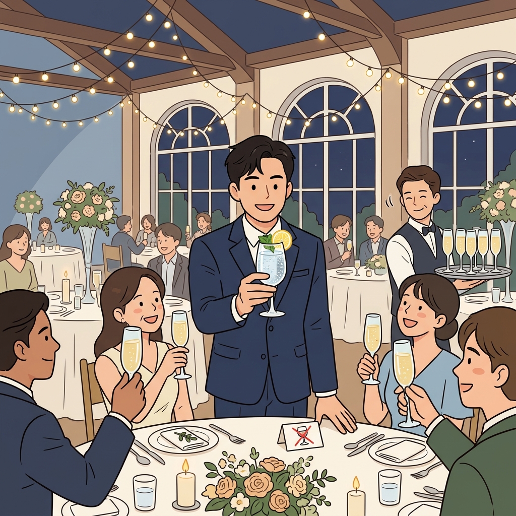 결혼식 건배 자리에서 그는 술 대신 탄산수를 든다. 그는 완전 금주주의자다.