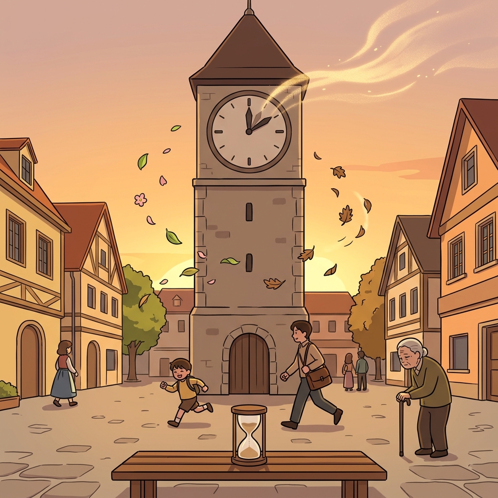 The old clock tower reminds villagers that all temporal things must end.
