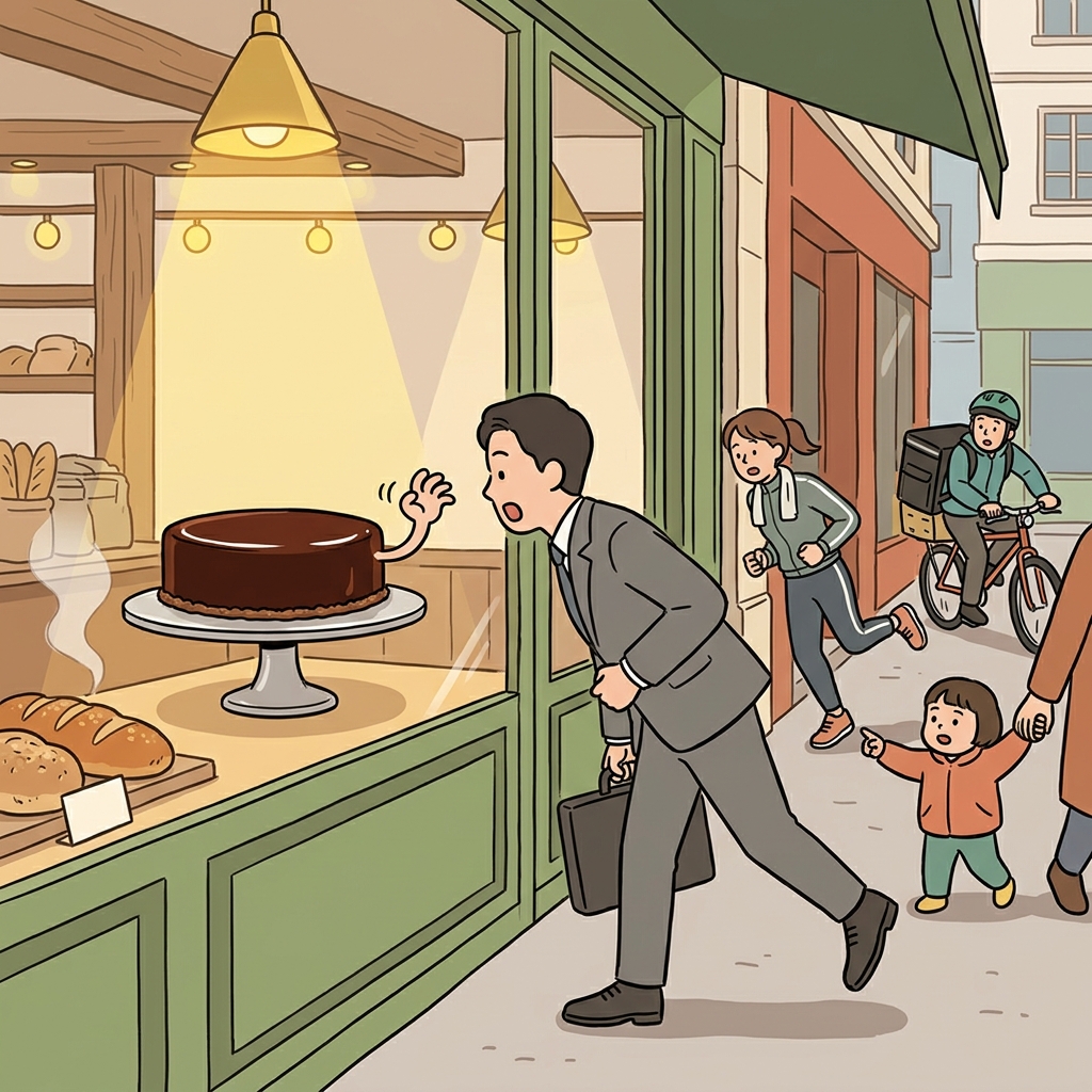 The glossy pastry in the window tempts every passerby to stop and stare.