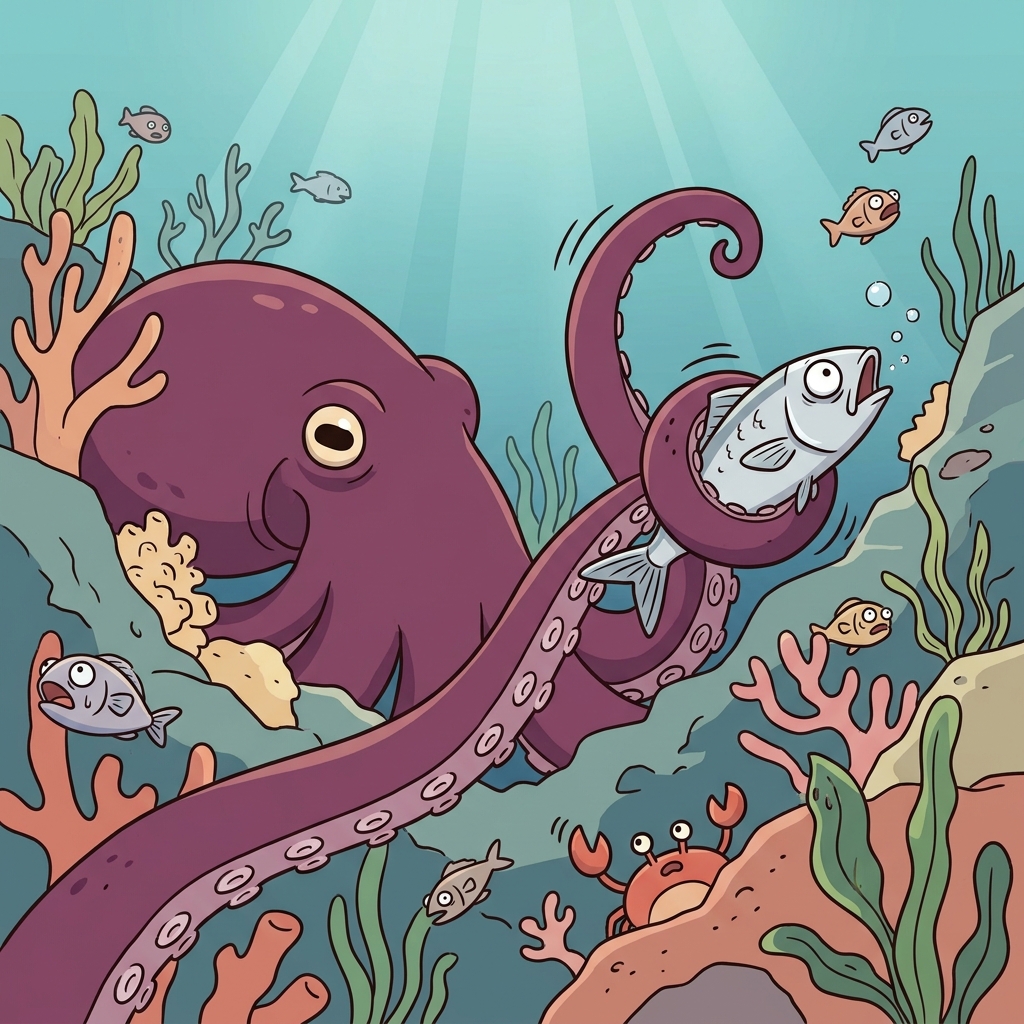 A giant octopus reaches out with a curling tentacle to grab a passing fish.