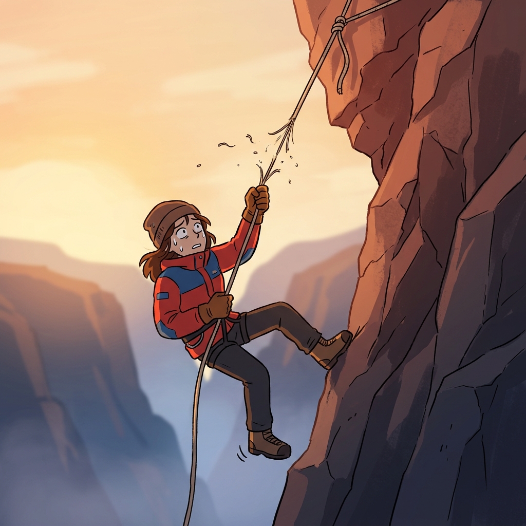 The mountaineer's tenuous grip on the fraying rope decides everything.