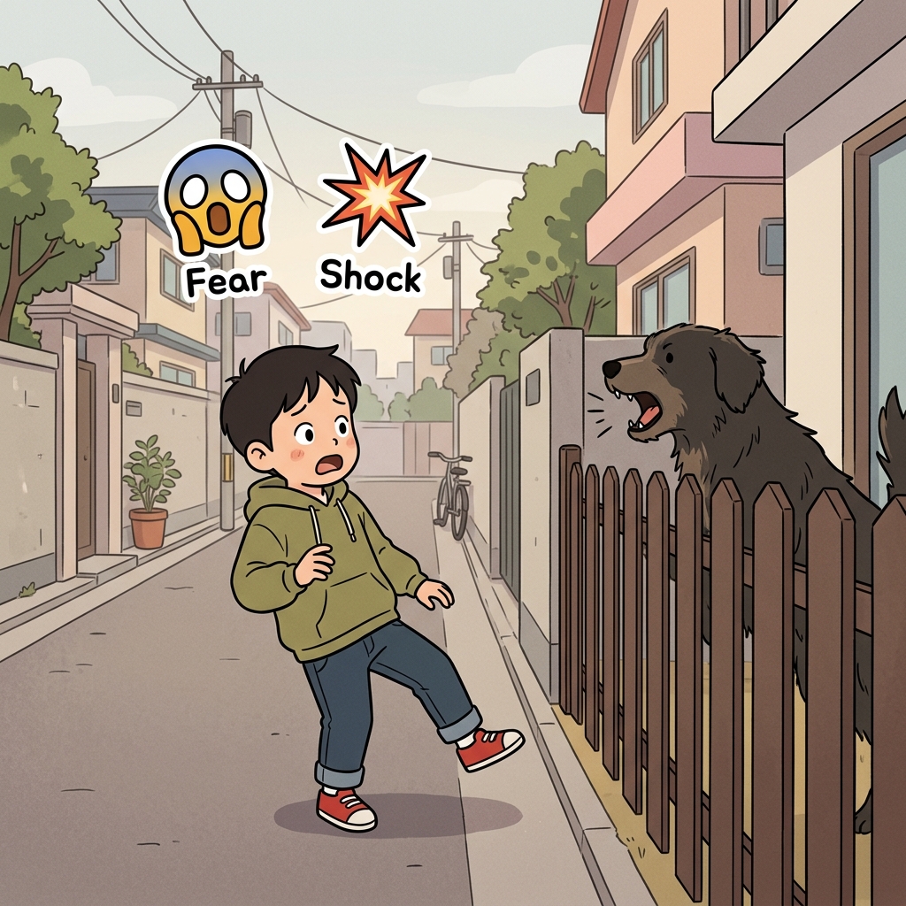 The barking dog terrified the little boy.