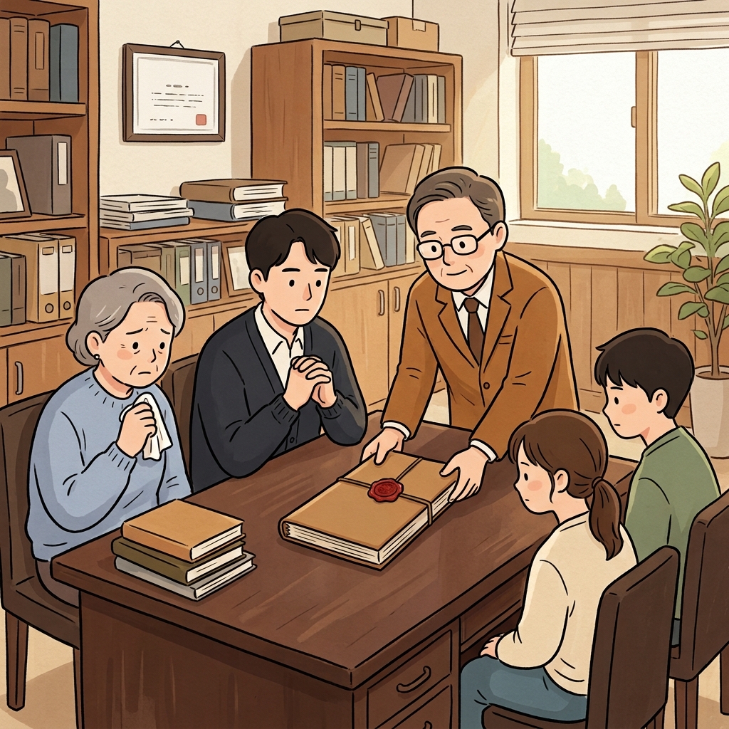 가족의 유언장에는 누가 집을 상속받을지가 분명히 적혀 있었다. ("테스트 맨트!" → 마지막 테스트처럼 중요한 문서를 남긴다 = 유언장)