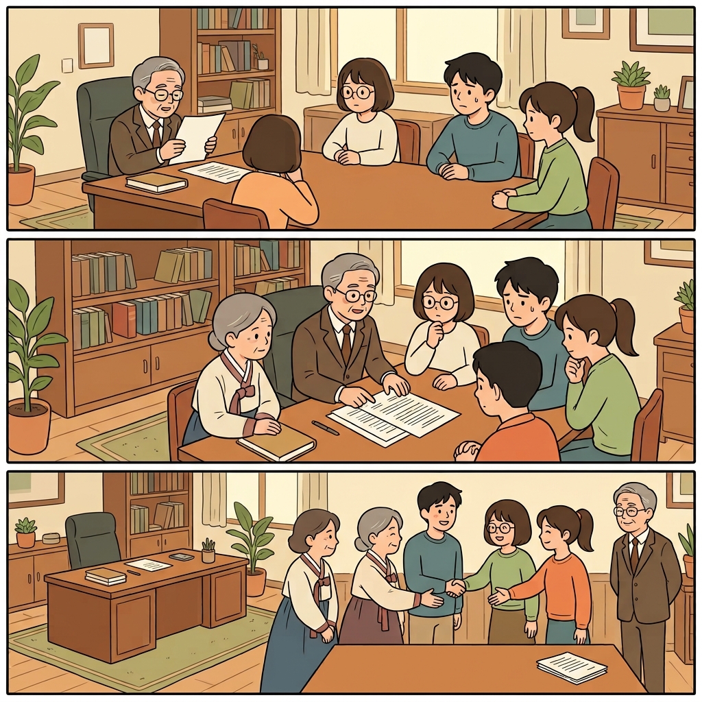 변호사는 유언장을 읽고 모든 조항을 설명했고, 가족은 합의에 이르렀다.