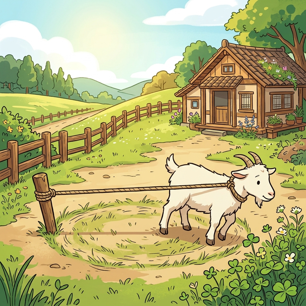 The goat's tether keeps it grazing safely near the farmer's cottage.