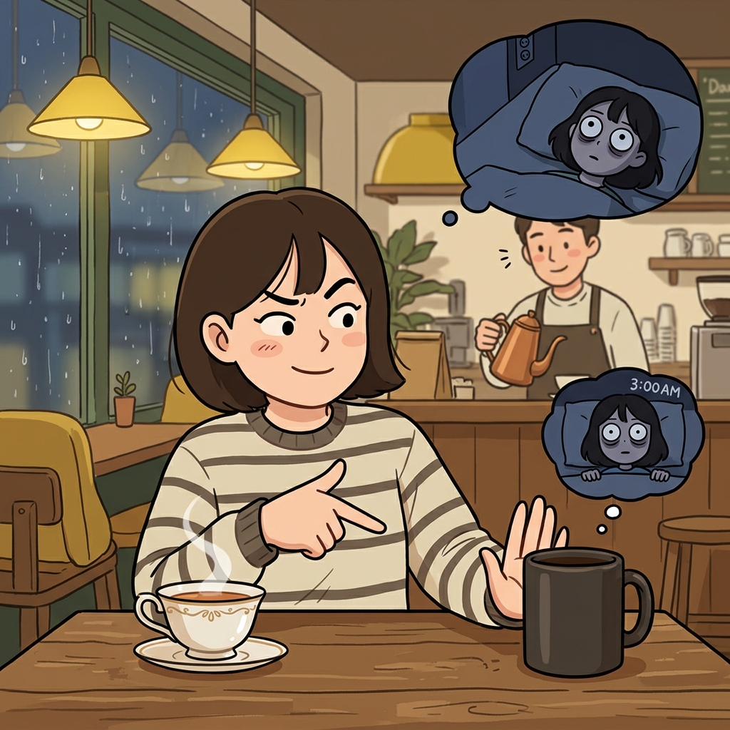 그녀는 커피 대신 차를 골랐다. 커피는 밤에 잠을 못 자게 하니까.