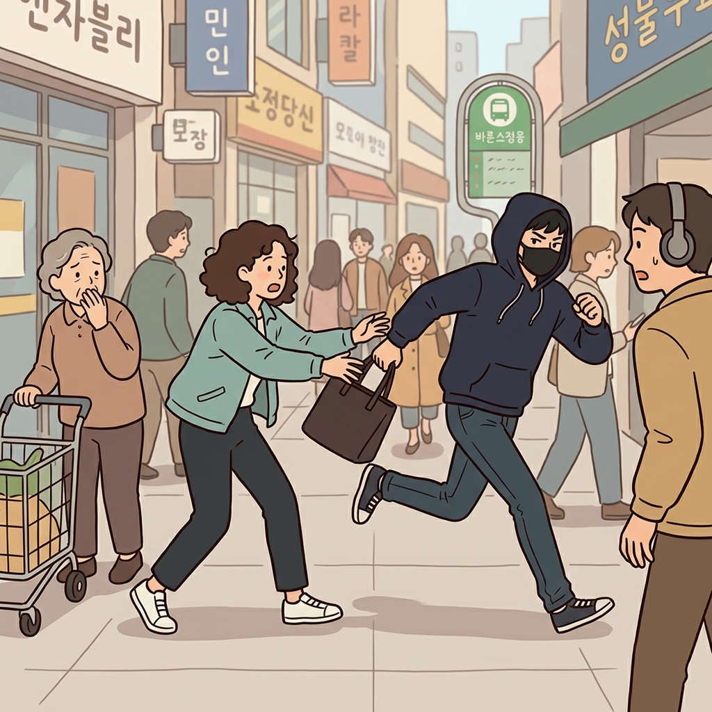 도둑은 한낮에 여성의 가방을 낚아채 달아나며 절도를 저질렀다.