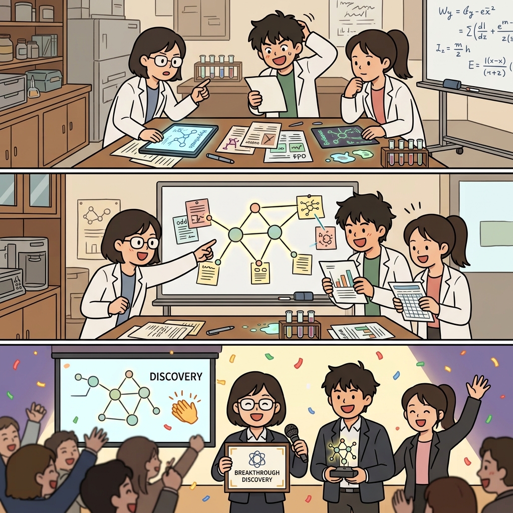 과학자들은 증거를 바탕으로 이론을 세우고, 데이터를 분석한 뒤, 마침내 진실을 깨달았다. (Think → Theory → Theorize)
