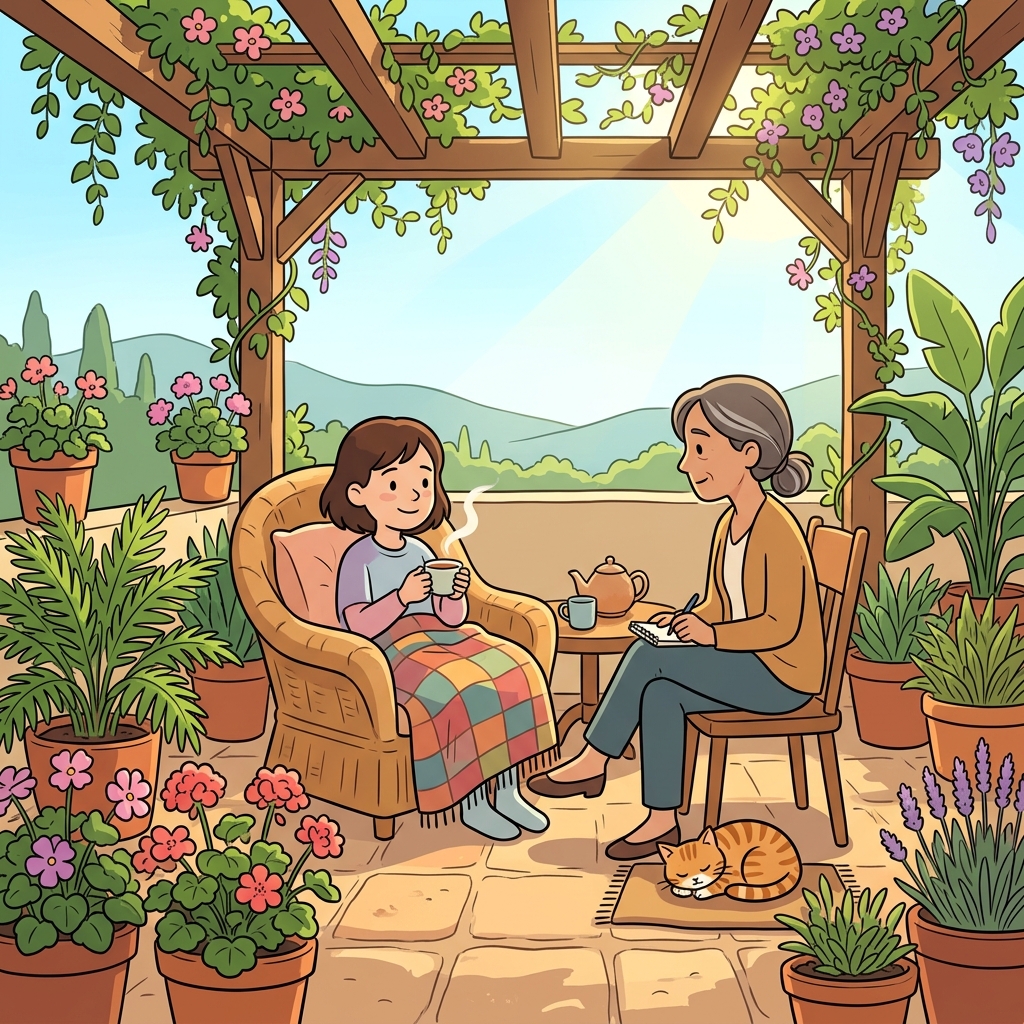 치료를 받은 뒤 소녀는 편안한 표정으로 다시 미소 지었다. (테라피 → "테라스에서 마음을 풀며 힐링하는 느낌")