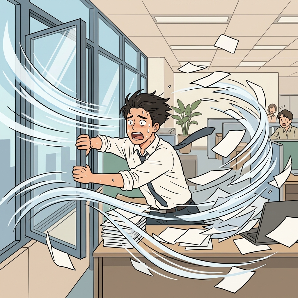 The hot employee aggressively threw the window open, thereby letting in a massive gust of wind that scattered all his important documents.