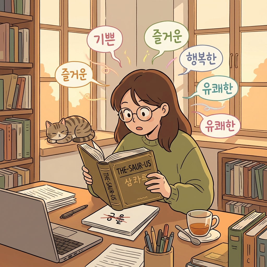 그녀는 '행복하다'보다 더 좋은 단어를 찾으려고 유의어 사전을 뒤졌다.