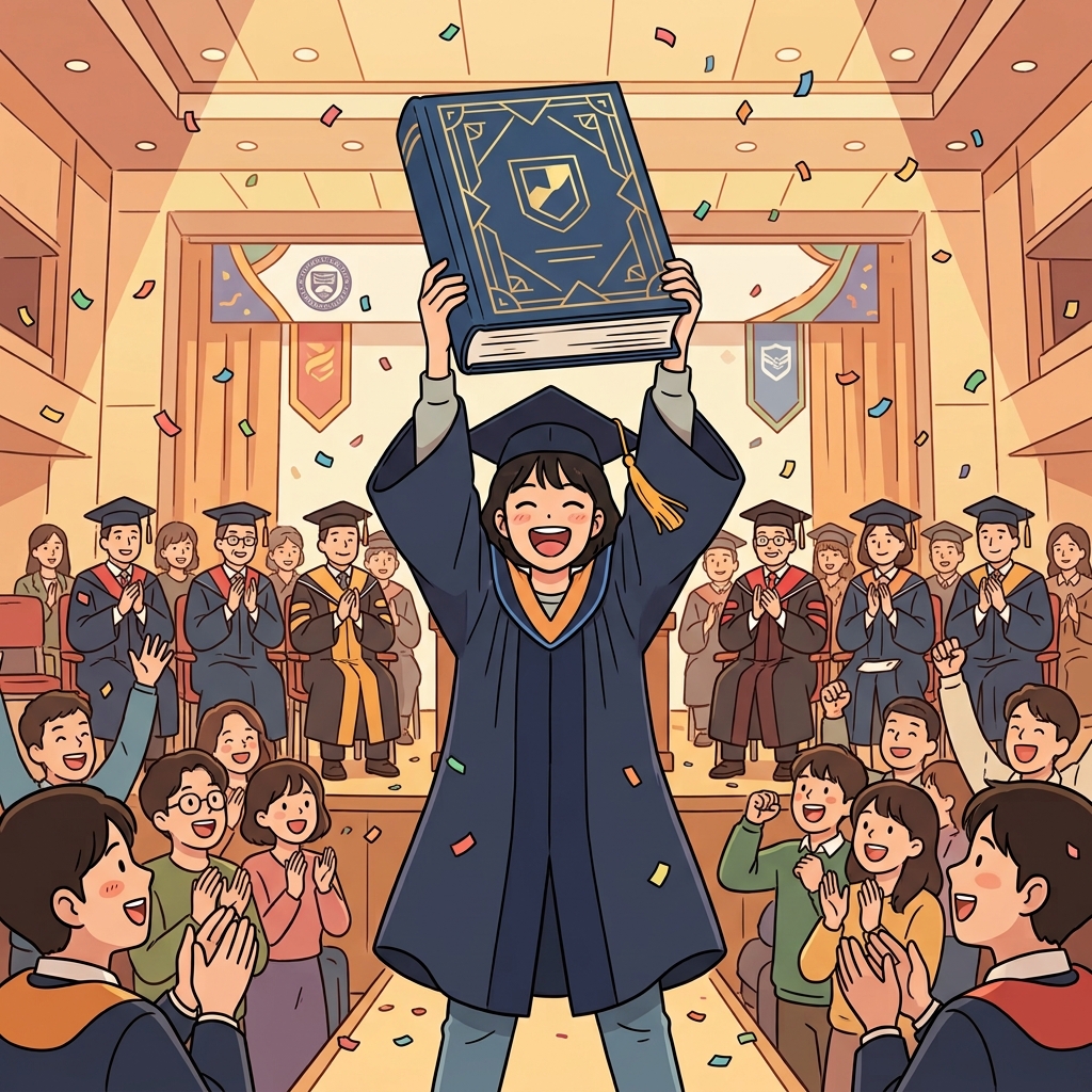 학생은 "디스 이즈!"를 외치며 완성한 논문을 번쩍 들어 올렸다. ("바로 이것(This is)이 내 논문이다!")