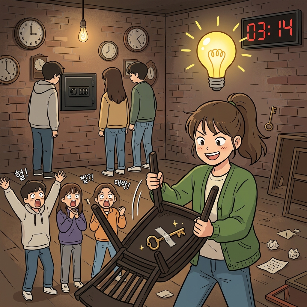 탈출 게임에서 다들 막혔는데, 한 명이 의자를 뒤집어서 단서를 찾아냈다.