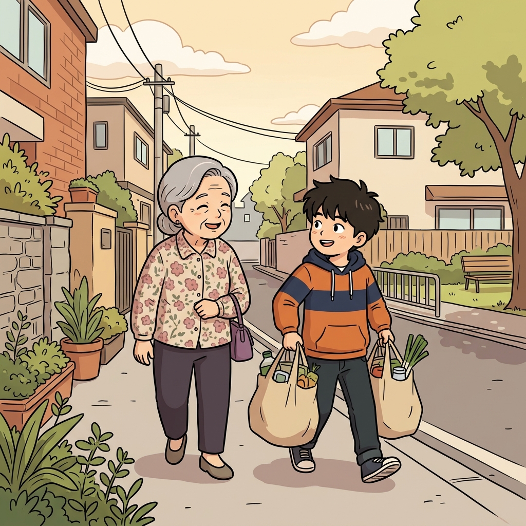 배려심 많은 소년은 할머니의 무거운 가방을 대신 들어 드렸다. ("생각(thought) 꽉!" → 남을 먼저 생각한다)