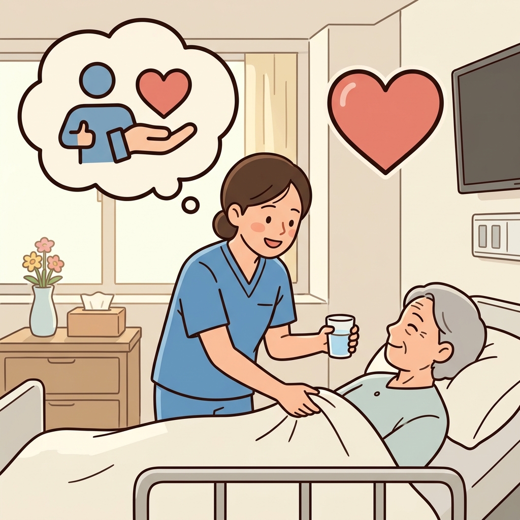 The thoughtful nurse comforted every patient with kindness. (💭 Think of Others + ❤️ Show Kindness → Thoughtful)