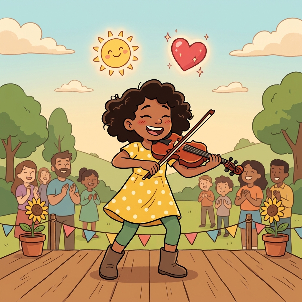 The young musician thrived because she loved performing. (THRIVE ≈ "THRILL + LIVE" → when you live with excitement and energy, you thrive)