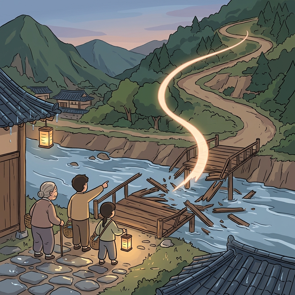 The bridge collapsed in the storm; thus, the villagers had to take the long path home.