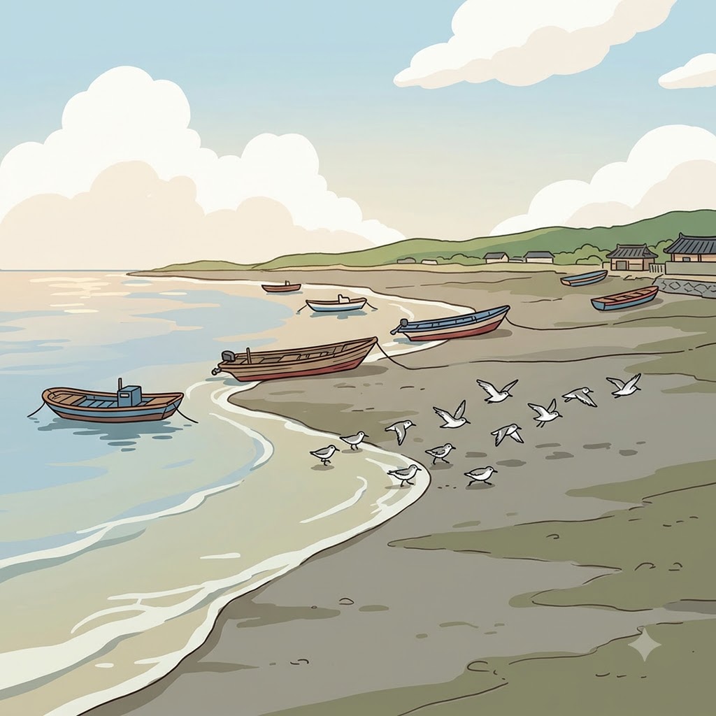 밀물이 들어오자 갯벌(tidal flats)은 천천히 바닷물 아래로 사라졌다.