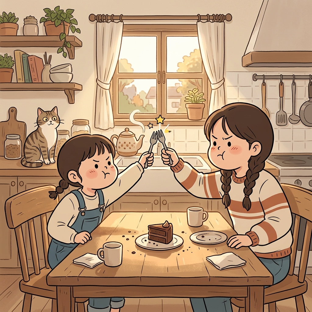 자매가 마지막 케이크 조각 때문에 사소하게 다퉜다.