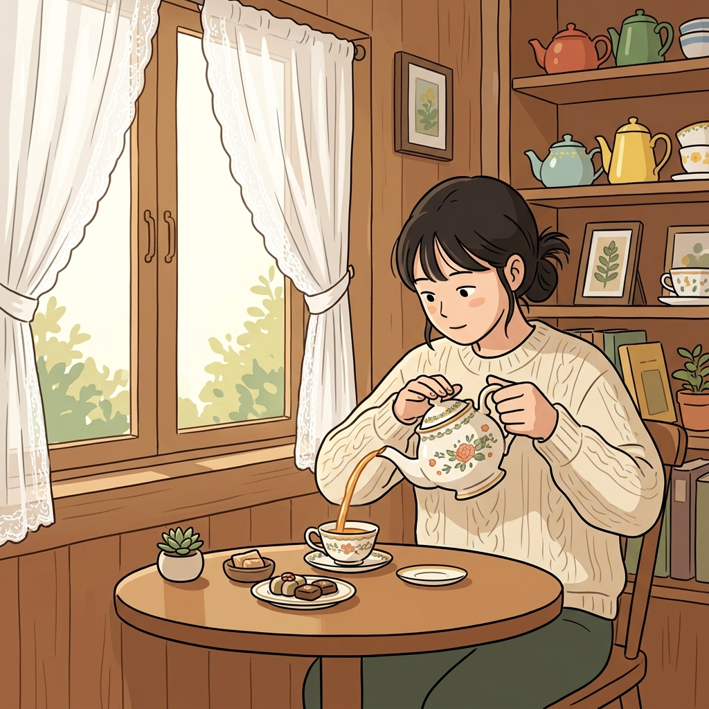 She tilts the teapot carefully to pour without spilling a single drop.