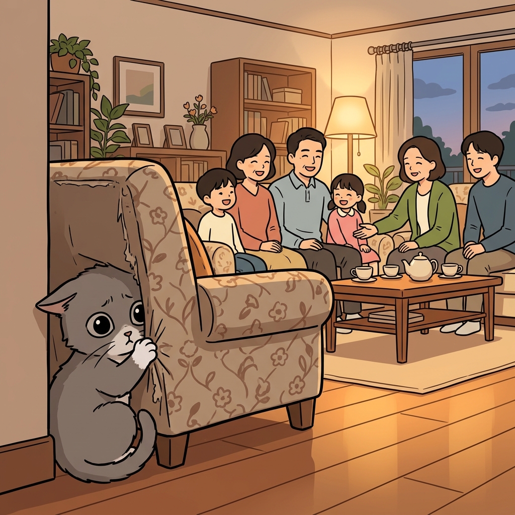 겁 많은 새끼 고양이가 소파 뒤에서 살짝 얼굴만 내민다.