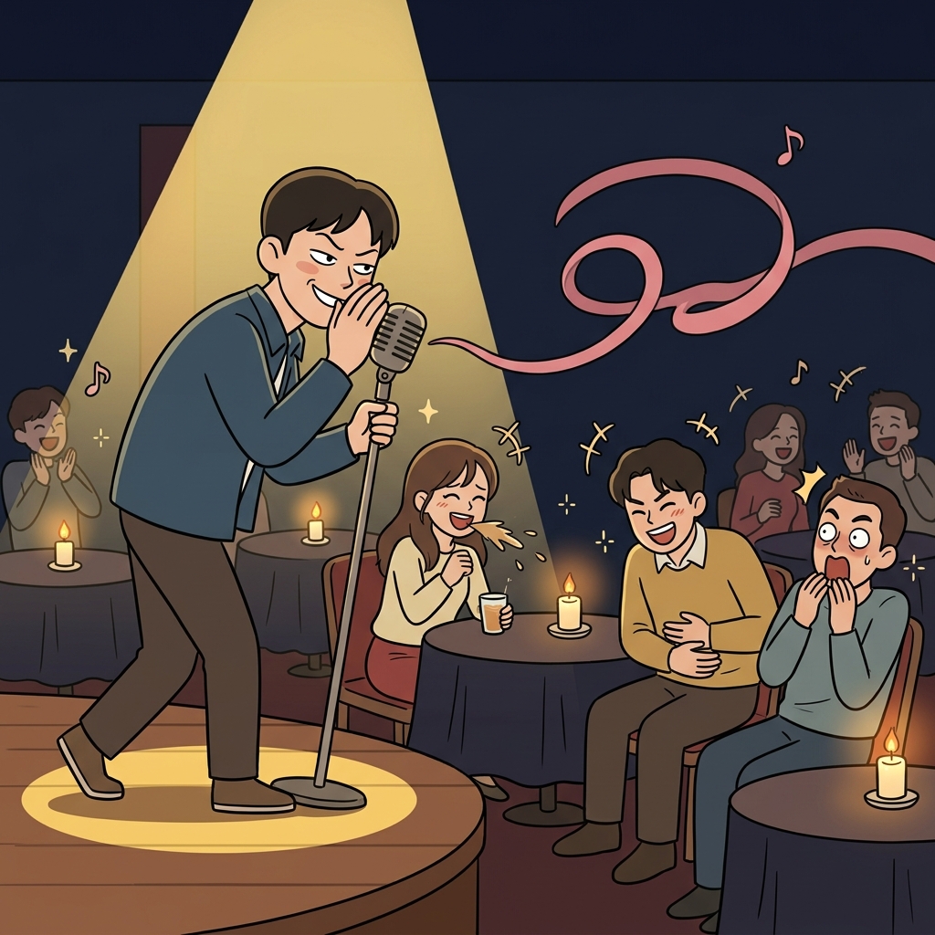 The comedian's cheeky punchline titillates the crowd into wild laughter.