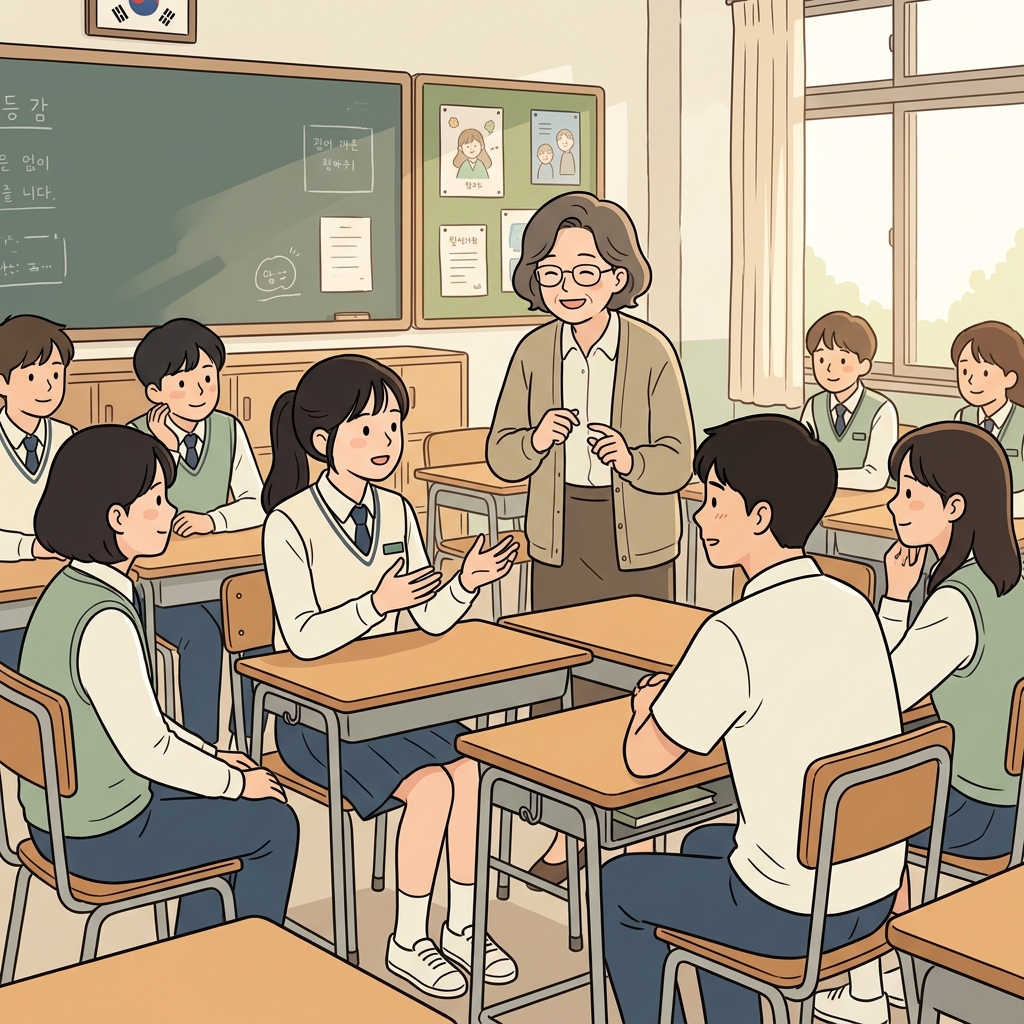 선생님은 서로 다른 의견을 가진 학생들에게 관용을 실천하라고 격려했다. ("톨~러, 참아!" → 틀려도 참고 받아들이는 것이 Tolerance(관용)다.)