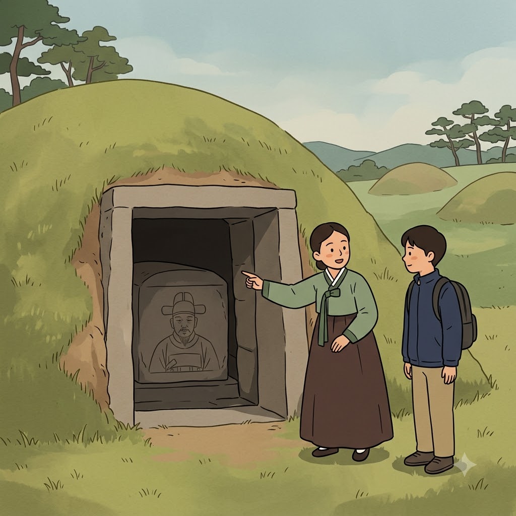 안내자는 돌로 된 무덤(tomb)을 가리키며 "이곳에 고대 왕이 묻혔습니다"라고 설명했다.