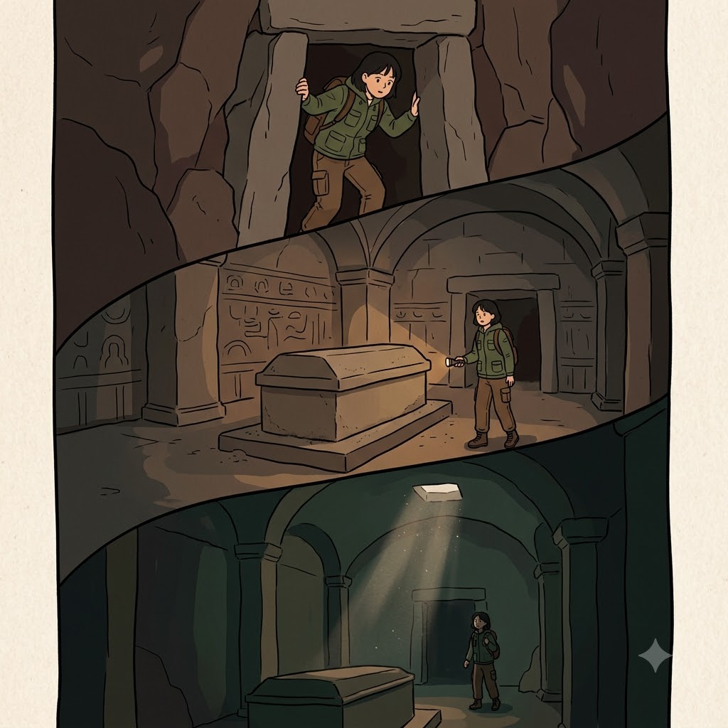 고대 무덤(tomb)은 신비로운 어둠(gloom)이 가득한 돌로 된 방(room)처럼 보였다.