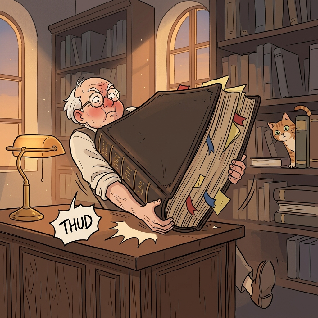 The scholar heaved a massive tome onto the desk with both hands.