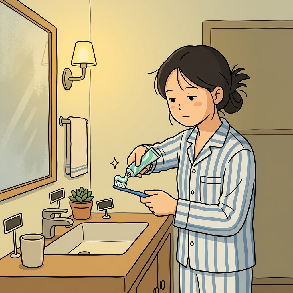 자기 전에 칫솔에 치약을 짜서 이를 닦는다.