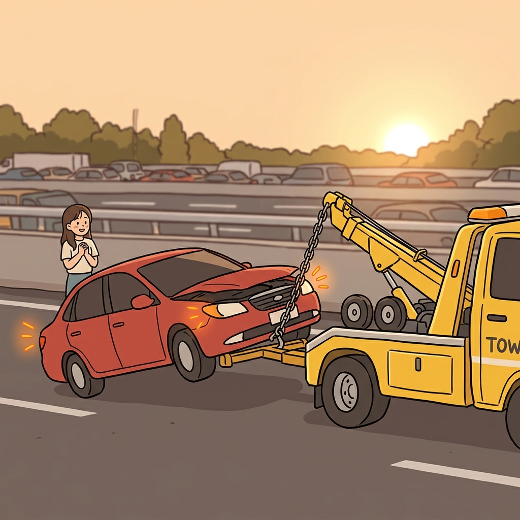 A tow truck slowly tows the broken-down car away from the busy highway.